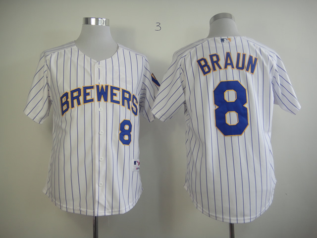 Men Milwaukee Brewers 8 Braun White Stripe MLB Jerseys